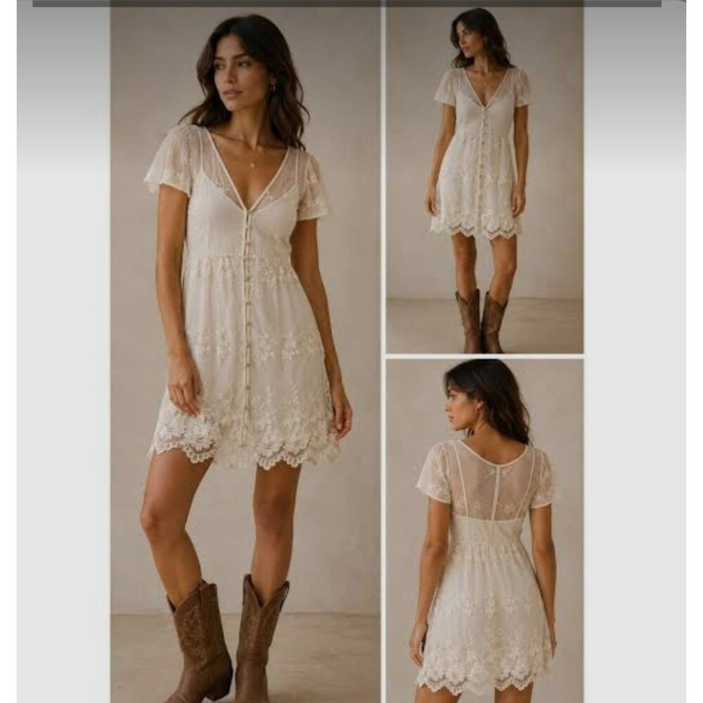 Abercrombie & Fitch Sheer Lace Button-Up Short Sleeve Mini Dress Size XS boho
